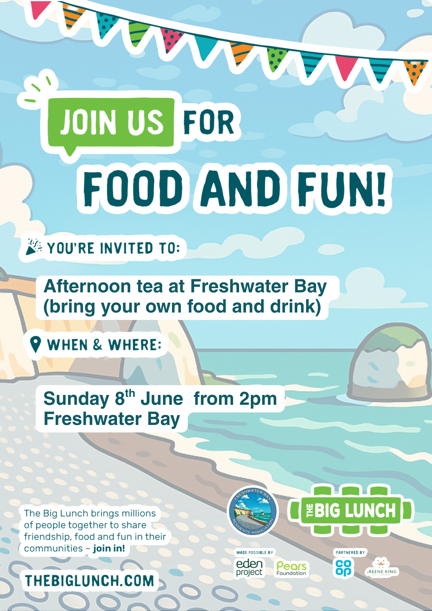 Details of the Big Lunch at Freshwater Bay on Sunday 8th June from 2pm.