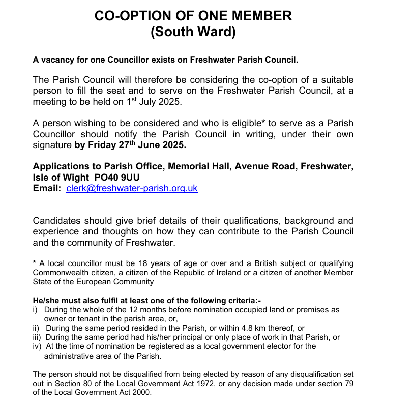 Co-option Notice - Councillor Vacancy in South Ward